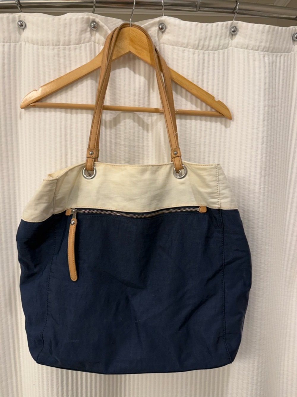 Banana Republic Nylon Canvas Two-Tone Navy and Cream Tote Bag with Tan Handles